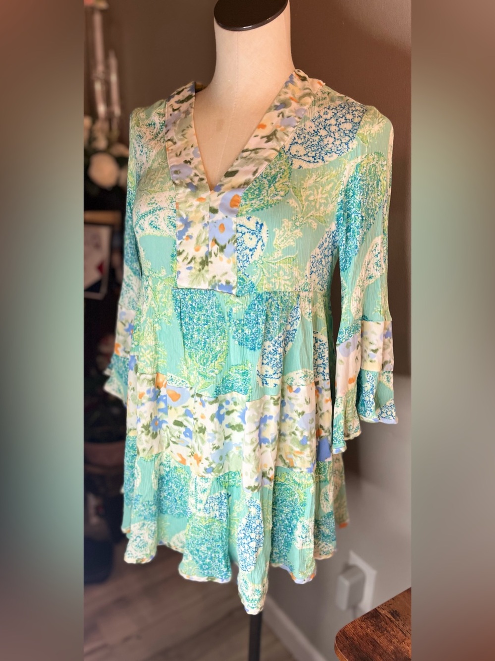 Entro Patchwork floral minidress ,tiered babydoll.